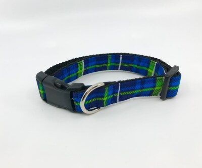 Bow Tie Dog Collar Blue And Lime Green Plaid Pet Collar Adjustable Sizes XS, S, M, L, XL - image2